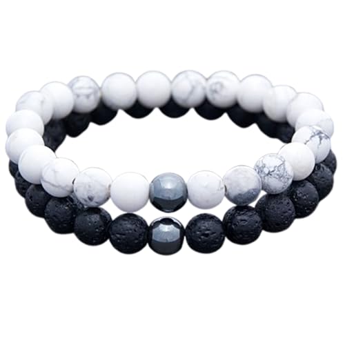 Gems_Hub Howlith, Lavastein und Hämatit, 8 mm, runde, glatte Perlen, Liebes- und Freundschafts-Kombi-Armband-Set für Fernbeziehungen – Paarbeziehung, 20 cm, dehnbares Armband-Set | FIZA_CPL_159_8 von Gems_Hub