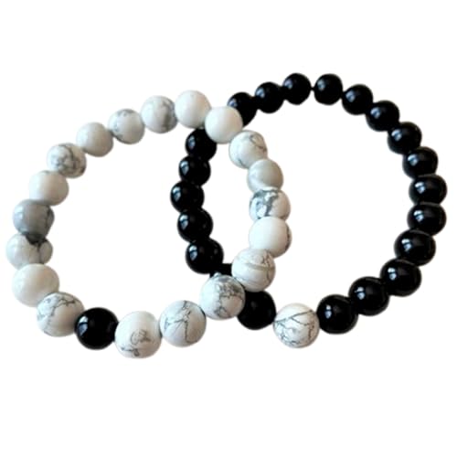 Gems_Hub Howlith & Schwarzer Onyx, 8 mm, runde, glatte Perlen, Liebes- und Freundschafts-Kombi-Armband-Set für Fernbeziehungen – Paarbeziehung, 6,5 Zoll, dehnbares Armband-Set | FIZA_CPL_142_6.5 Gems_Hub Howlith & Schwarzer Onyx, 8 mm, runde, glatte Perlen, Liebes- und Freundschafts-Kombi-Armband-Set für Fernbeziehungen – Paarbeziehung, 6,5 Zoll, dehnbares Armband-Set | FIZA_CPL_142_6.5 von Gems_Hub