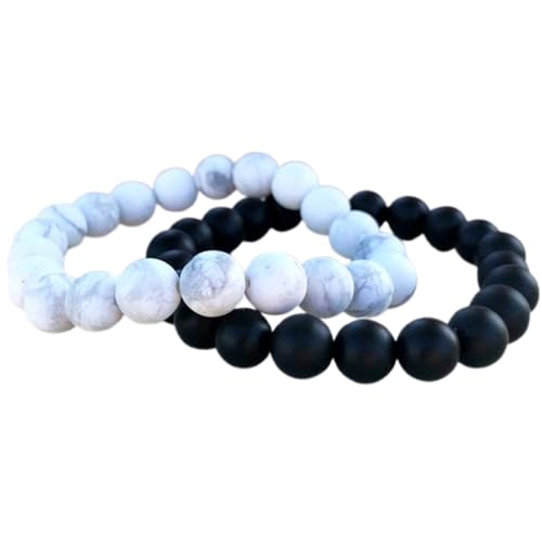Gems_Hub Howlith und matter Onyx, 10 mm, runde, glatte Perlen, Liebes- und Freundschafts-Kombi-Armband-Set für Fernbeziehungen – Paarbeziehung, 15,2 cm, dehnbares Armband-Set | FIZA_CPL_149_6 Gems_Hub Howlith und matter Onyx, 10 mm, runde, glatte Perlen, Liebes- und Freundschafts-Kombi-Armband-Set für Fernbeziehungen – Paarbeziehung, 15,2 cm, dehnbares Armband-Set | FIZA_CPL_149_6 von Gems_Hub