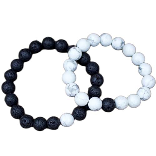 Gems_Hub Howlith und schwarze Lava, 10 mm, runde, glatte Perlen, Liebes- und Freundschafts-Kombi-Armband-Set für Fernbeziehungen – Paarbeziehung, 7,5 Zoll, dehnbares Armband-Set | FIZA_CPL_136_7.5 Gems_Hub Howlith und schwarze Lava, 10 mm, runde, glatte Perlen, Liebes- und Freundschafts-Kombi-Armband-Set für Fernbeziehungen – Paarbeziehung, 7,5 Zoll, dehnbares Armband-Set | FIZA_CPL_136_7.5 von Gems_Hub
