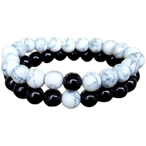 Gems_Hub Howlith und schwarzer Onyx, 8 mm, runde, glatte Perlen, Liebes- und Freundschafts-Kombi-Armband-Set für Fernbeziehungen – Paarbeziehung, 6,5 Zoll, dehnbares Armband-Set | FIZA_CPL_141_6.5 von Gems_Hub
