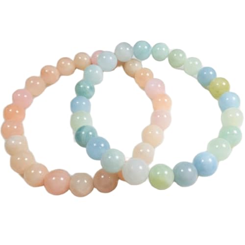 Gems_Hub Kunzit & Morganit, 8 mm, runde, glatte Perlen, Liebes- und Freundschafts-Kombi-Armband-Set für Fernbeziehungen – Paarbeziehung, 20 cm, dehnbares Armband-Set | FIZA_CPL_163_8 von Gems_Hub