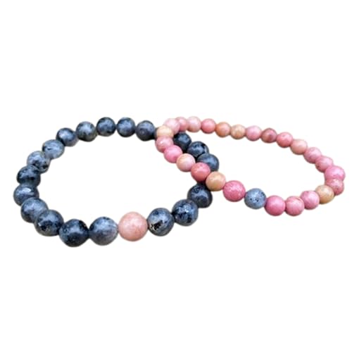 Gems_Hub Labradorit und Rhodochrosit, 8 mm, runde, glatte Perlen, Liebes- und Freundschafts-Kombi-Armband-Set für Paare mit Fernbeziehung, 7,5 Zoll großes dehnbares Armband-Set | FIZA_CPL_166_7.5 von Gems_Hub