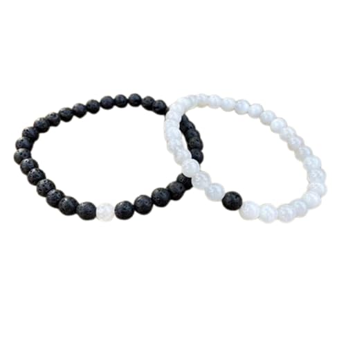 Gems_Hub Lavastein und Mondstein, 6 mm, runde, glatte Perlen, Liebes- und Freundschafts-Kombi-Armband-Set für Paare, Beziehung, 6 Zoll, dehnbare Armbänder, Set | FIZA_CPL_180_6 von Gems_Hub