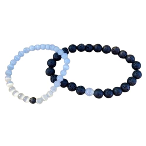 Gems_Hub Lavastein und Selenit, 6 mm, runde, glatte Perlen, Liebes- und Freundschafts-Kombi-Armband-Set für Fernbeziehungen – Paarbeziehung, 6,5 Zoll, dehnbares Armband-Set | FIZA_CPL_184_6.5 von Gems_Hub