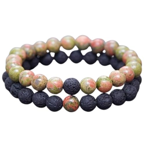 Gems_Hub Lavastein und Unakit-Jaspis, 8 mm, runde, glatte Perlen, Liebes- und Freundschafts-Kombi-Armband-Set für Fernbeziehungen – Paarbeziehung, 15 cm, dehnbares Armband-Set | FIZA_CPL_186_6 von Gems_Hub