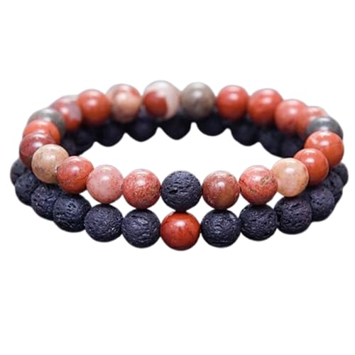 Gems_Hub Lavastein und roter Jaspis, 8 mm, runde, glatte Perlen, Liebes- und Freundschafts-Kombi-Armband-Set für Fernbeziehungen – Paarbeziehung, 17,8 cm, dehnbares Armband-Set | FIZA_CPL_182_7 von Gems_Hub