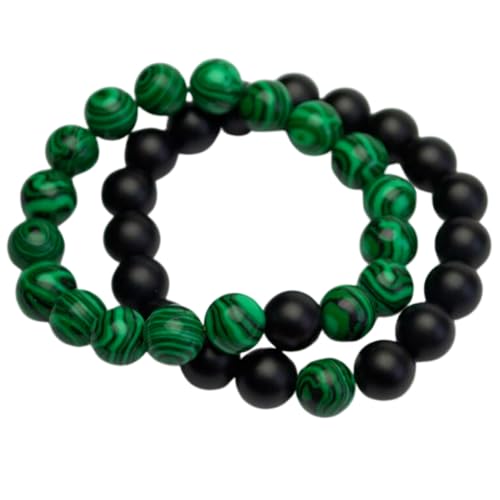 Gems_Hub Malachit & matter Onyx, 10 mm, runde, glatte Perlen, Liebes- und Freundschafts-Kombi-Armband-Set für Fernbeziehungen – Paarbeziehung, 15,2 cm, dehnbares Armband-Set | FIZA_CPL_187_6 von Gems_Hub