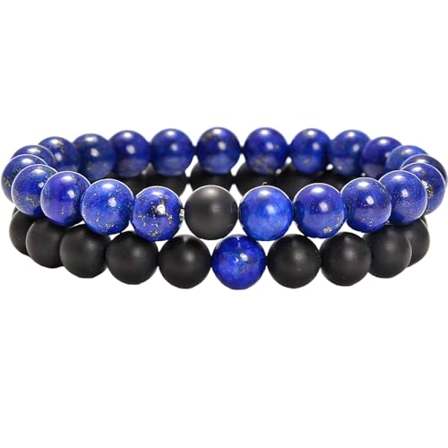 Gems_Hub Mattschwarzer Achat und Lapislazuli, 8 mm, runde, glatte Perlen, Liebes- und Freundschafts-Kombiarmband-Set für Fernbeziehungen – Paarbeziehung, 15 cm, dehnbares Armband-Set | FIZA_CPL_193_6 von Gems_Hub