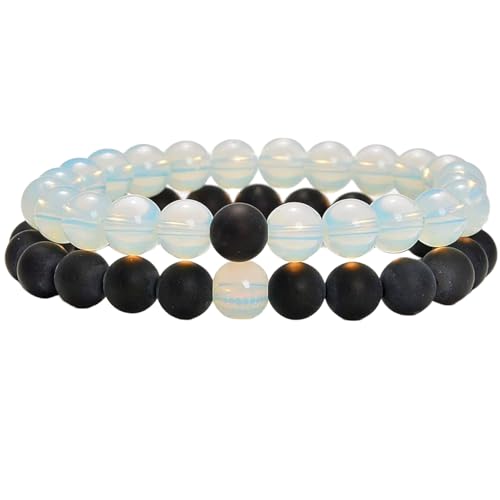Gems_Hub Mattschwarzer Achat und Opalit, 8 mm, runde, glatte Perlen, Liebes- und Freundschafts-Kombi-Armband-Set für Fernbeziehungen – Paarbeziehung, 15 cm, dehnbares Armband-Set | FIZA_CPL_194_6 Gems_Hub Mattschwarzer Achat und Opalit, 8 mm, runde, glatte Perlen, Liebes- und Freundschafts-Kombi-Armband-Set für Fernbeziehungen – Paarbeziehung, 15 cm, dehnbares Armband-Set | FIZA_CPL_194_6 von Gems_Hub