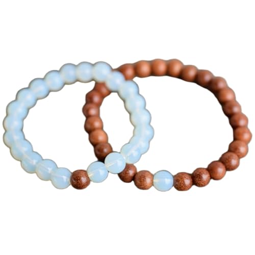 Gems_Hub Opalit & Sandelholz, 8 mm, runde, glatte Perlen, Liebes- und Freundschafts-Kombi-Armband-Set für Fernbeziehungen – Paarbeziehung, 15 cm, dehnbares Armband-Set | FIZA_CPL_235_6 von Gems_Hub