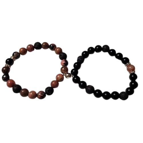 Gems_Hub Rhodonit & Schwarzer Onyx, 8 mm, runde, glatte Perlen, Liebes- und Freundschafts-Kombi-Armband-Set für Fernbeziehungen – Paarbeziehung, 7,5 Zoll, dehnbares Armband-Set | FIZA_CPL_263_7.5 von Gems_Hub