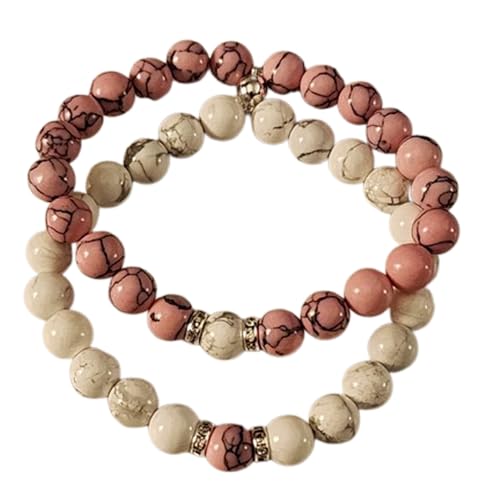 Gems_Hub Rosa Türkis & Weißer Howlith 8 mm runde glatte Perlen Fernbeziehungs-Freundschafts-Kombi-Armband-Set - Paarbeziehung 8 Zoll dehnbare Armbänder-Set|FIZA_CPL_245_8 von Gems_Hub