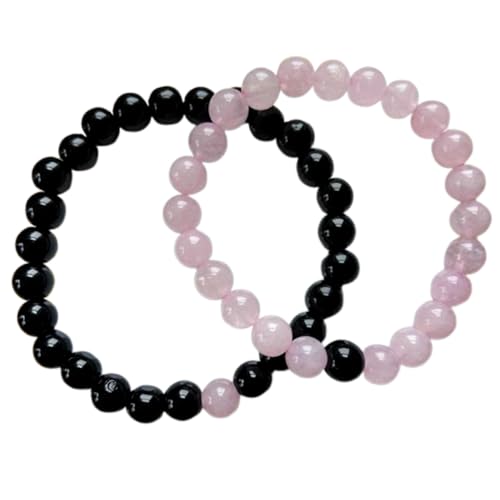 Gems_Hub Rosenquarz & Schwarzer Onyx, 8 mm, runde, glatte Perlen, Liebes- und Freundschafts-Kombi-Armband-Set für Fernbeziehungen – Paarbeziehung, 17,8 cm, dehnbares Armband-Set | FIZA_CPL_268_7 von Gems_Hub