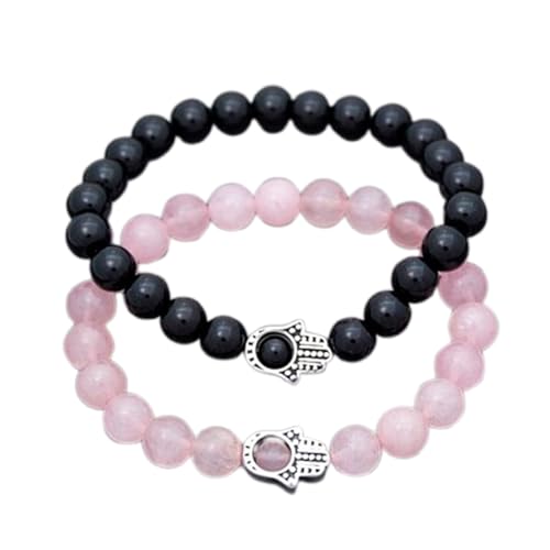 Gems_Hub Rosenquarz & Schwarzer Onyx, 8 mm, runde, glatte Perlen, Liebes- und Freundschafts-Kombi-Armband-Set für Fernbeziehungen – Paarbeziehung, 6,5 Zoll, dehnbares Armband-Set | FIZA_CPL_269_6.5 von Gems_Hub