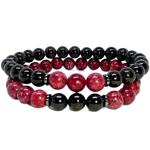 Gems_Hub Roter Granat und Rhodonit, 8 mm, runde, glatte Perlen, Liebes- und Freundschafts-Kombi-Armband-Set für Fernbeziehungen – Paarbeziehung, 7,5 Zoll, dehnbares Armband-Set | FIZA_CPL_249_7.5 von Gems_Hub