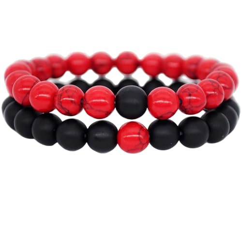 Gems_Hub Roter Howlith und schwarzer Onyx, 8 mm, runde, glatte Perlen, Liebes- und Freundschafts-Kombi-Armband-Set für Fernbeziehungen – Paarbeziehung, 20 cm, dehnbares Armband-Set | FIZA_CPL_250_8 von Gems_Hub