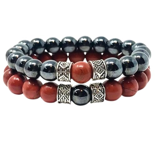 Gems_Hub Roter Jaspis und Hämatit, 8 mm, runde, glatte Perlen, Liebes- und Freundschafts-Kombi-Armband-Set für Fernbeziehungen – Paarbeziehung, 7,5 Zoll, dehnbares Armband-Set | FIZA_CPL_251_7.5 von Gems_Hub