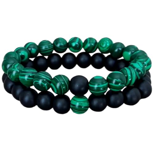 Gems_Hub Schungit und Malachit, 8 mm, runde, glatte Perlen, Liebes- und Freundschafts-Kombi-Armband-Set für Fernbeziehungen – Paarbeziehung, 20 cm, dehnbares Armband-Set | FIZA_CPL_279_8 von Gems_Hub