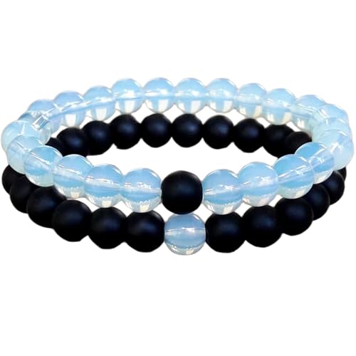 Gems_Hub Schungit und Mondstein, 8 mm, runde, glatte Perlen, Liebes- und Freundschafts-Kombi-Armband-Set für Fernbeziehungen – Paarbeziehung, 15 cm, dehnbares Armband-Set | FIZA_CPL_280_6 von Gems_Hub