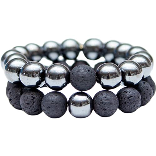 Gems_Hub Schwarze Lava und Hämatit, 10 mm, runde, glatte Perlen, Liebes- und Freundschafts-Kombi-Armband-Set für Fernbeziehungen – Paarbeziehung, 16,5 cm, dehnbares Armband-Set | FIZA_CPL_037_6.5 Gems_Hub Schwarze Lava und Hämatit, 10 mm, runde, glatte Perlen, Liebes- und Freundschafts-Kombi-Armband-Set für Fernbeziehungen – Paarbeziehung, 16,5 cm, dehnbares Armband-Set | FIZA_CPL_037_6.5 von Gems_Hub