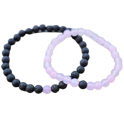 Gems_Hub Schwarze Lava und rosa Jade, 6 mm, runde, glatte Perlen, Liebes- und Freundschafts-Kombi-Armband-Set für Fernbeziehungen – Paarbeziehung, 18 cm, dehnbares Armband-Set | FIZA_CPL_039_7 von Gems_Hub