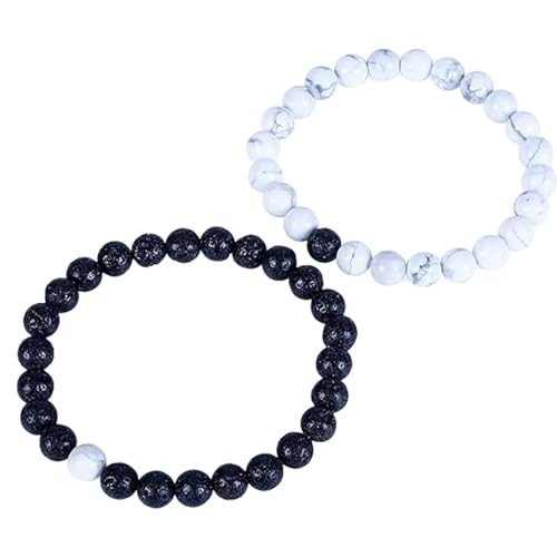 Gems_Hub Schwarze Lava und weißer Howlith, 8 mm, runde, glatte Perlen, Liebes- und Freundschafts-Kombi-Armband-Set für Fernbeziehungen – Paarbeziehung, 17,8 cm, dehnbares Armband-Set | FIZA_CPL_043_7 von Gems_Hub