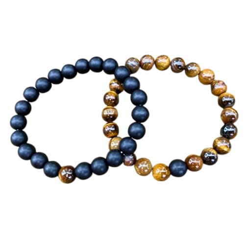 Gems_Hub Schwarzer Achat und Tigerauge, 8 mm, runde, glatte Perlen, Liebes- und Freundschafts-Kombi-Armband-Set für Fernbeziehungen – Paarbeziehung, 7,5 Zoll, dehnbares Armband-Set | FIZA_CPL_029_7.5 von Gems_Hub