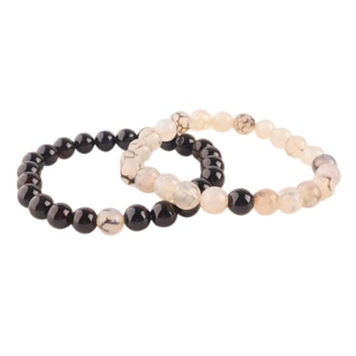 Gems_Hub Schwarzer Onyx und Achat, 8 mm, runde, glatte Perlen, Liebes- und Freundschafts-Kombi-Armband-Set für Fernbeziehungen – Paarbeziehung, 7,5 Zoll, dehnbares Armband-Set | FIZA_CPL_061_7.5 von Gems_Hub