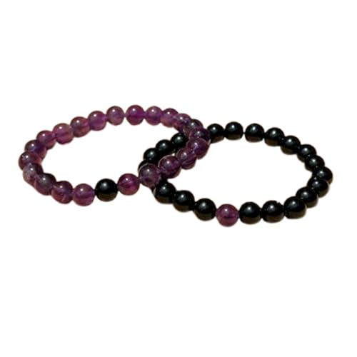 Gems_Hub Schwarzer Onyx & Amethyst, 8 mm, runde, glatte Perlen, Liebes- und Freundschafts-Kombi-Armband-Set für Fernbeziehungen – Paarbeziehung, 15,2 cm, dehnbares Armband-Set | FIZA_CPL_062_6 von Gems_Hub