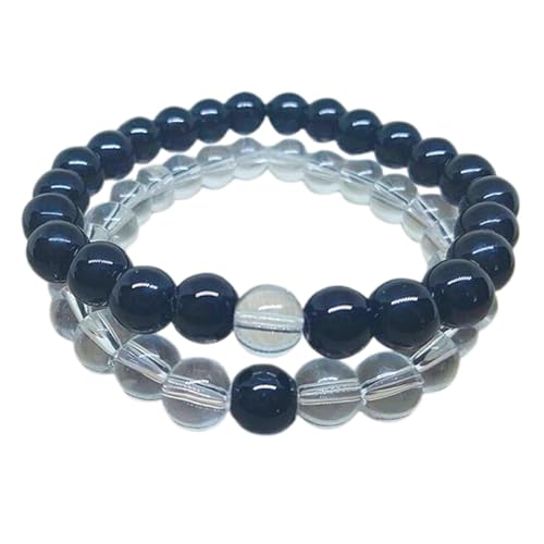 Gems_Hub Schwarzer Onyx und Bergkristall, 8 mm, runde, glatte Perlen, Liebes- und Freundschafts-Kombi-Armband-Set für Paare mit Fernbeziehung, 7,5 Zoll großes dehnbares Armband-Set | FIZA_CPL_066_7.5 von Gems_Hub