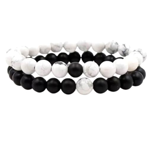Gems_Hub Schwarzer Onyx und Howlith, 8 mm, runde, glatte Perlen, Liebes- und Freundschafts-Kombi-Armband-Set für Fernbeziehungen – Paarbeziehung, 7,5 Zoll, dehnbares Armband-Set | FIZA_CPL_069_7.5 von Gems_Hub