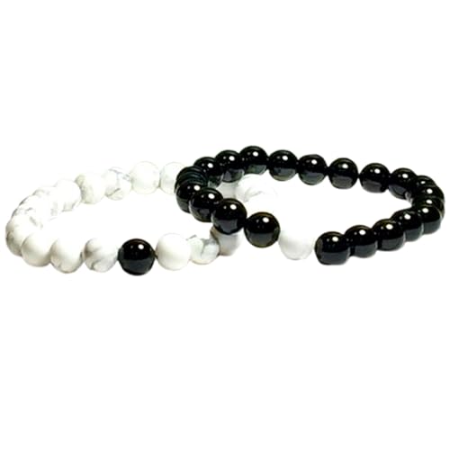 Gems_Hub Schwarzer Onyx und Howlith, 8 mm, runde, glatte Perlen, Liebes- und Freundschafts-Kombi-Armband-Set für Paare, Beziehung, 15,2 cm, dehnbare Armbänder, Set | FIZA_CPL_068_6 von Gems_Hub