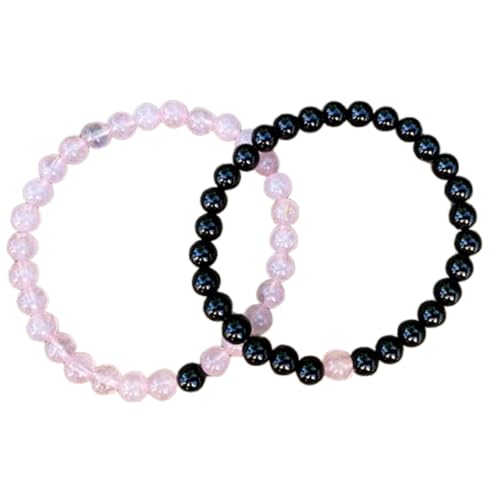 Gems_Hub Schwarzer Onyx und Rosenquarz, 8 mm, runde, glatte Perlen, Liebes- und Freundschafts-Kombi-Armband-Set für Fernbeziehungen – Paarbeziehung, 6,5 Zoll, dehnbares Armband-Set | FIZA_CPL_073_6.5 von Gems_Hub