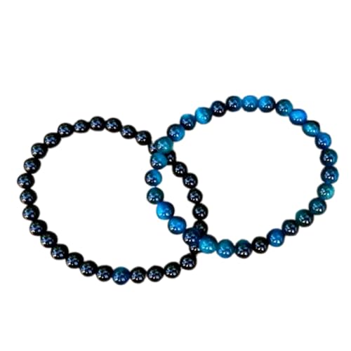 Gems_Hub Schwarzer Onyx und blaues Tigerauge, 6 mm, runde, glatte Perlen, Liebes- und Freundschafts-Kombi-Armband-Set für Paare, Beziehung, 20,3 cm, dehnbare Armbänder, Set | FIZA_CPL_064_8 von Gems_Hub
