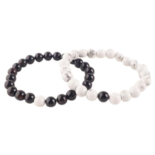 Gems_Hub Schwarzer Onyx & weißer Howlith, 8 mm, runde, glatte Perlen, Liebes- und Freundschafts-Kombi-Armband-Set für Fernbeziehungen – Paarbeziehung, 20 cm, dehnbares Armband-Set | FIZA_CPL_078_8 von Gems_Hub