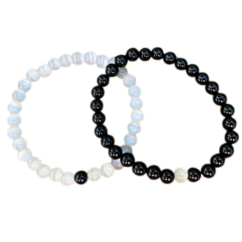 Gems_Hub Selenit & Schwarzer Onyx, 8 mm, runde, glatte Perlen, Liebes- und Freundschafts-Kombi-Armband-Set für Fernbeziehungen – Paarbeziehung, 15,2 cm, dehnbares Armband-Set | FIZA_CPL_276_6 von Gems_Hub