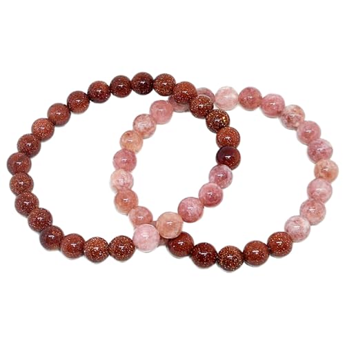 Gems_Hub Sonnenstein & Goldfluss, 8 mm, runde, glatte Perlen, Liebes- und Freundschafts-Kombi-Armband-Set für Paare, Beziehung, 15,2 cm, dehnbare Armbänder, Set | FIZA_CPL_286_6 von Gems_Hub
