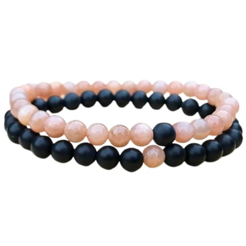 Gems_Hub Sonnenstein & Mattschwarzer Onyx, 8 mm, runde, glatte Perlen, Liebes- und Freundschafts-Kombi-Armband-Set für Fernbeziehungen – Paarbeziehung, 17,8 cm, dehnbares Armband-Set | FIZA_CPL_287_7 von Gems_Hub