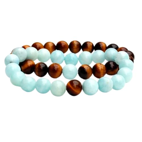 Gems_Hub Tigerauge & Aquamarin, 8 mm, runde, glatte Perlen, Liebes- und Freundschafts-Kombi-Armband-Set für Fernbeziehungen – Paarbeziehung, 20 cm, dehnbares Armband-Set | FIZA_CPL_290_8 von Gems_Hub