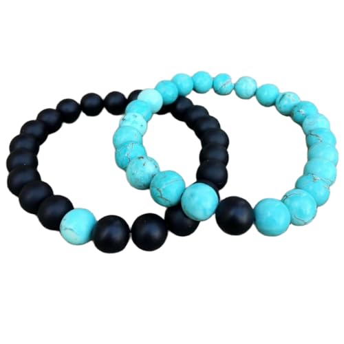 Gems_Hub Türkis und matter Onyx, 8 mm, runde, glatte Perlen, Liebes- und Freundschafts-Kombi-Armband-Set für Fernbeziehungen – Paarbeziehung, 15,2 cm, dehnbares Armband-Set | FIZA_CPL_301_6 von Gems_Hub