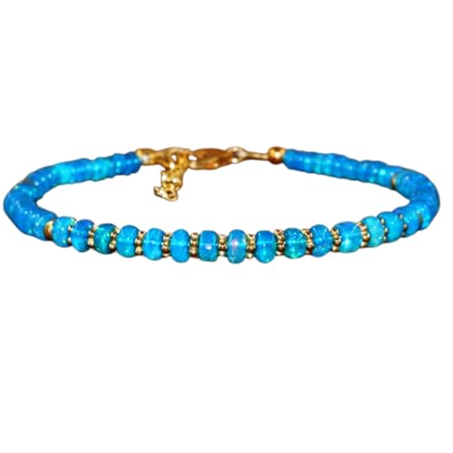 Gems_Hub Vergoldetes Armband mit blauen, glatten Paraiba-Feuer-Opal-Perlen, Rondelle, 3 mm, 17,8 cm, verstellbar, für Damen und Herren | FIZA_LINK_05247, 7 inch Adjustable, Messing Edelstein Messing von Gems_Hub