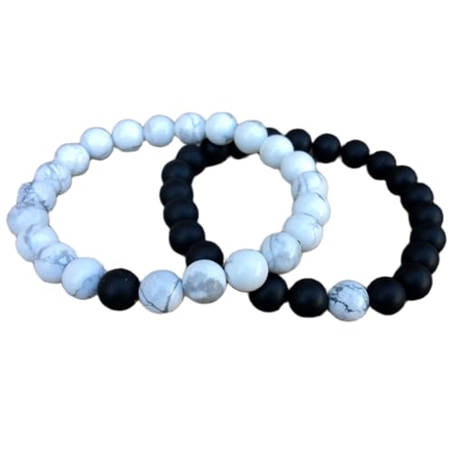 Gems_Hub mattschwarzer Onyx und Howlith, 8 mm, runde, glatte Perlen, Liebes- und Freundschafts-Kombi-Armband-Set für Fernbeziehungen – Paarbeziehung, 17,8 cm, dehnbares Armband-Set | FIZA_CPL_201_7 Gems_Hub mattschwarzer Onyx und Howlith, 8 mm, runde, glatte Perlen, Liebes- und Freundschafts-Kombi-Armband-Set für Fernbeziehungen – Paarbeziehung, 17,8 cm, dehnbares Armband-Set | FIZA_CPL_201_7 von Gems_Hub