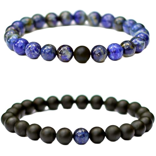 Lapislazuli und mattschwarzer Onyx, 8 mm, runde, glatte Perlen, Liebes- und Freundschafts-Kombi-Armband-Set für Fernbeziehungen – Paarbeziehung, 6,5 Zoll, dehnbares Armband-Set | FIZA_CPL_172_6.5 Lapislazuli und mattschwarzer Onyx, 8 mm, runde, glatte Perlen, Liebes- und Freundschafts-Kombi-Armband-Set für Fernbeziehungen – Paarbeziehung, 6,5 Zoll, dehnbares Armband-Set | FIZA_CPL_172_6.5 von Gems_Hub