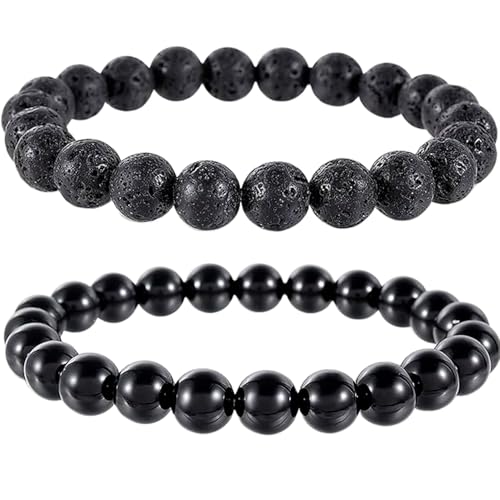 Lavastein und schwarzer Obsidian, 8 mm, runde, glatte Perlen, Liebes- und Freundschafts-Kombi-Armband-Set für Fernbeziehungen – Paarbeziehung, 6,5 Zoll, dehnbares Armband-Set | FIZA_CPL_178_6.5 von Gems_Hub