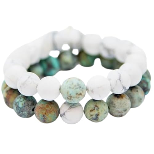 Mattes Howlith und afrikanisches Türkis, 10 mm, runde, glatte Perlen, Liebes- und Freundschaftsarmband-Set für Fernbeziehungen – Paarbeziehung, 7,5 Zoll, dehnbares Armband-Set | FIZA_CPL_211_7.5 von Gems_Hub