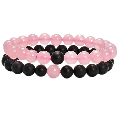 Mattschwarzer Achat und Rosenquarz, 8 mm, runde, glatte Perlen, Liebes- und Freundschafts-Kombi-Armband-Set für Fernbeziehungen – Paarbeziehung, 17,8 cm, dehnbares Armband-Set | FIZA_CPL_195_7 von Gems_Hub