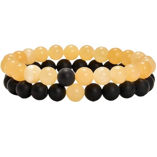 Mattschwarzer Achat und gelbe Jade, 8 mm, runde, glatte Perlen, Liebes- und Freundschafts-Kombi-Armband-Set für Fernbeziehungen – Paarbeziehung, 6,5 Zoll, dehnbares Armband-Set | FIZA_CPL_199_6.5 Mattschwarzer Achat und gelbe Jade, 8 mm, runde, glatte Perlen, Liebes- und Freundschafts-Kombi-Armband-Set für Fernbeziehungen – Paarbeziehung, 6,5 Zoll, dehnbares Armband-Set | FIZA_CPL_199_6.5 von Gems_Hub