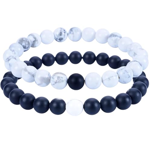Mattschwarzer Achat und weißer Howlith, 8 mm, runde, glatte Perlen, Liebes- und Freundschafts-Kombi-Armband-Set für Fernbeziehungen – Paarbeziehung, 6,5 Zoll, dehnbares Armband-Set | FIZA_CPL_197_6.5 Mattschwarzer Achat und weißer Howlith, 8 mm, runde, glatte Perlen, Liebes- und Freundschafts-Kombi-Armband-Set für Fernbeziehungen – Paarbeziehung, 6,5 Zoll, dehnbares Armband-Set | FIZA_CPL_197_6.5 von Gems_Hub