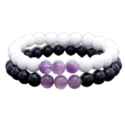 Perlmutt, Amethyst und schwarzer Onyx, 8 mm, runde, glatte Perlen, Liebes- und Freundschafts-Kombi-Armband-Set für Fernbeziehungen – Paarbeziehung, 7,5 Zoll, dehnbares Armband-Set | FIZA_CPL_227_7.5 von Gems_Hub